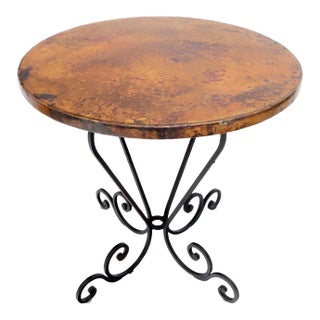 Hammered Coper Top Wrought Iron Base Round Dining Dinette Cafe Table For Sale