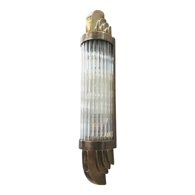 1940s Skyscraper Art Deco Brass & Glass Rod Ship Light Fixture Wall Sconce For Sale