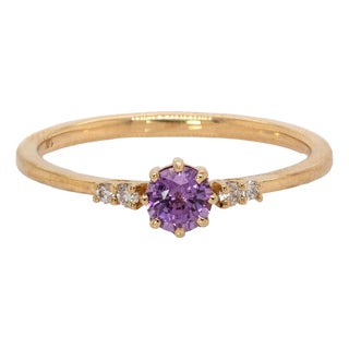 Ceylon Purple Sapphire and Natural Diamonds Ring in Solid 14k Gold - Round 4mm, Size 6.75 For Sale