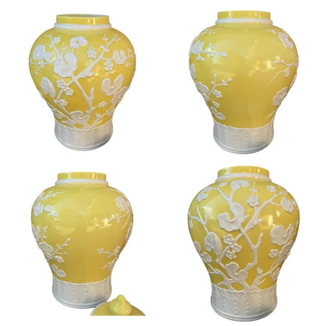 Mid 20th Century Mid 20th Century Italian Chinoiserie Yellow Prunus Relief Ginger Jars - A Pair For Sale - Image 5 of 12