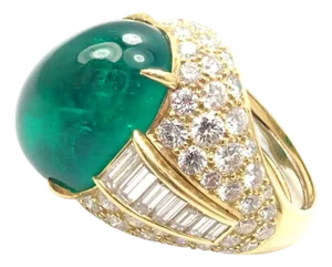 Late 20th Century David Webb Diamond 17.91ct Large Colombian Cabochon Emerald Yellow Gold Ring Agl, Size 7
