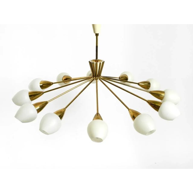Mid-Century Brass 12-Armed Chandelier with Opal Glass Shades, 1950s For Sale - Image 4 of 18