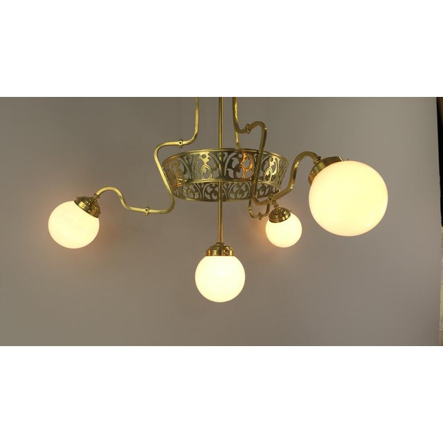 Art Nouveau Brass Chandelier with Four Light Sources from Bavaria, Germany, 1910s For Sale - Image 3 of 11
