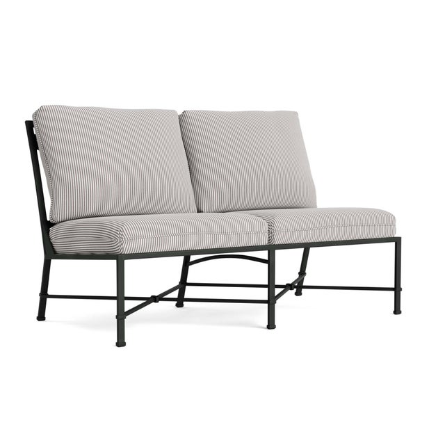 Brown Jordan Venetian Armless Loveseat in Black Jade with Iron Stripe Cushions For Sale