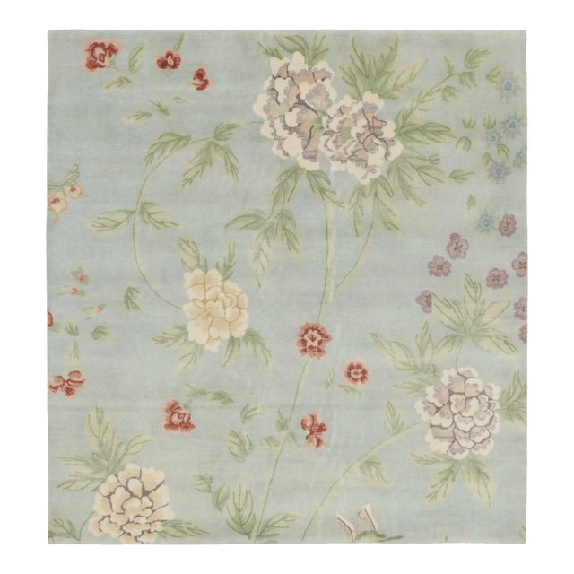 Chinese Art Deco Style Floral Vinery Wool Square Rug by Rug & Kilim, India For Sale