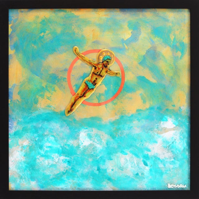 "The Holy Diver" Contemporary Abstract Figurative Mixed-Media Painting by Giuseppe Beddru, Framed For Sale