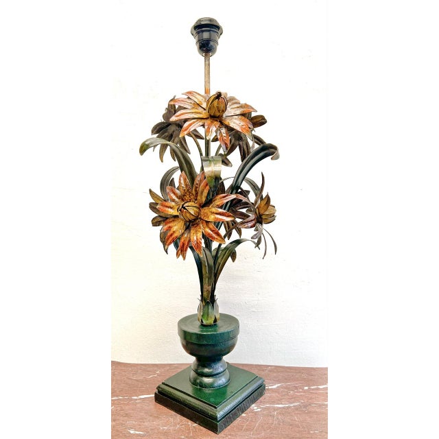 French Tole Flower Table Lamp, 1950s For Sale - Image 6 of 17