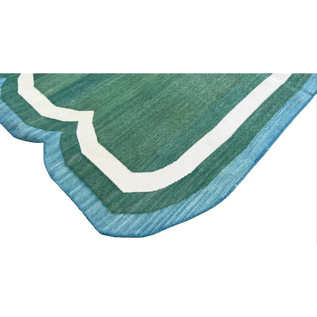 Not Yet Made - Made To Order Handmade Cotton Area Vegetable Dyed Rug, Forest Green, Cream and Teal Blue Scalloped Dhurrie - 9'x12' For Sale - Image 5 of 10