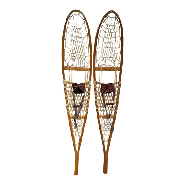 Tall Leather Rawhide Snowshoes Tubbs Vermont Ash Wood Decorative Display-a Pair For Sale