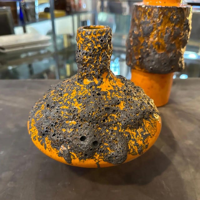 Three 1980s Modernist Orange and Black Fat Lava Ceramic German Vases For Sale - Image 11 of 12
