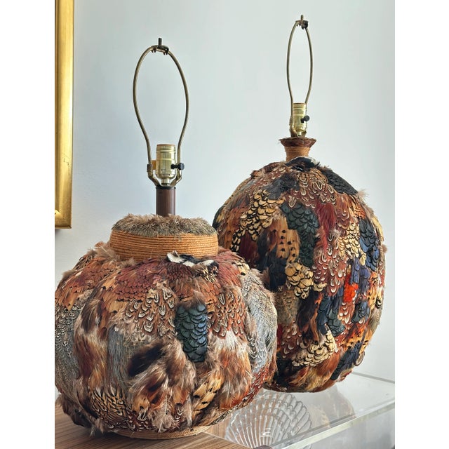 Textile Vintage Round Feathered Table Lamp For Sale - Image 7 of 8