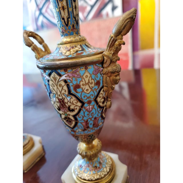 French Antique Champleve French Urns Bronze Figural Heads- Set of 2 For Sale - Image 3 of 6