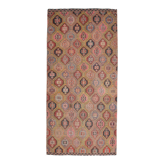 1970s Vintage Turkish Oushak Handmade Wool Cotton Colorful Runner Rug For Sale