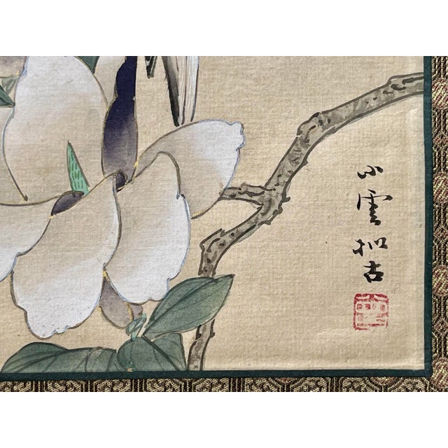1900 - 1909 Antique Chinese Painting Magnolia Flowers and Tree With Bird on Silk For Sale - Image 5 of 6