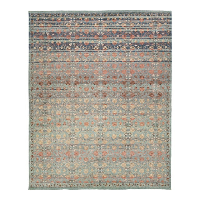 Modern Khotan Style Wool Rug Terracotta, Sage Green & Soft Blue Transitional For Sale
