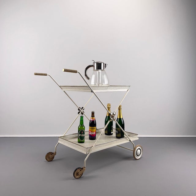 Mid-Century Modern White Serving Trolley in Perforated Sheet Metal attributed to Vereinigte Werkstätten München, Germany, 1950s. For Sale - Image 3 of 11