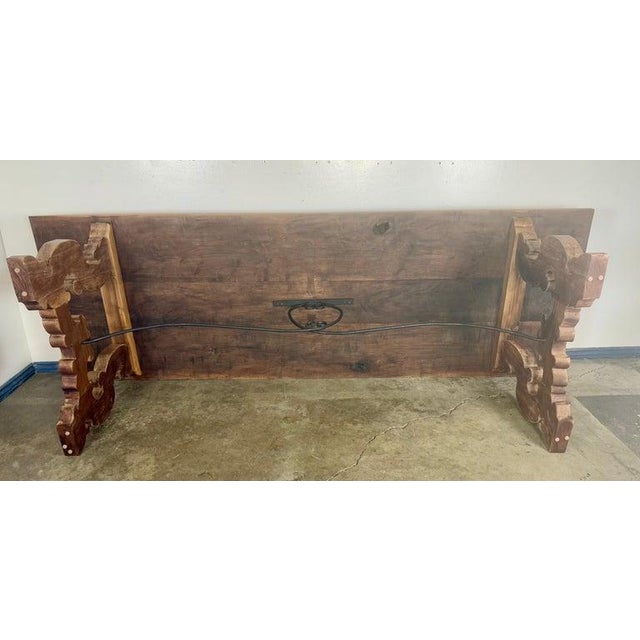 Handcrafted Solid Wood Trestle Dining Table With Wrought Iron Stretcher For Sale - Image 11 of 13