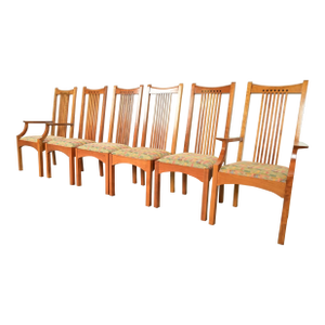 Stickley Arts & Crafts Cherry Wood High Back Spindle Dining Chairs, Set of Six