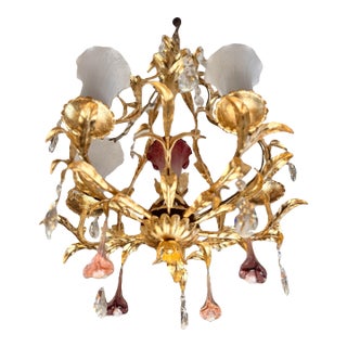 1950s Florentine Hand Gilt 6 Light Vintage Toleware Chandelier With Shades, Crystals and Floral Glass Drops For Sale