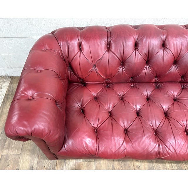 Vintage Ethan Allen Tufted Oxblood Red Leather Chesterfield Sofa For Sale - Image 9 of 16