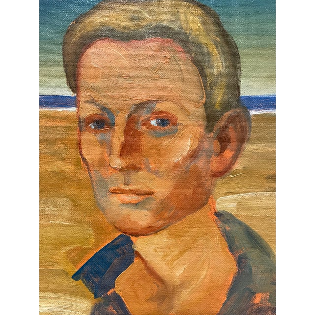 Portrait of a blond man at the beach by gay photographer George Daniell (1911-2002). Oil on 16 x 12 inch canvas board....