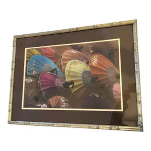 1970s Vintage Colorful Asian Parasols Framed Print in Silver Bamboo