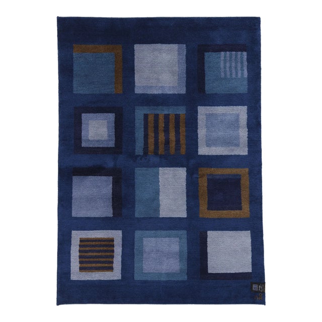 Vintage Blue Swedish Pile Rug With Signature - 05'05 X 07'06 For Sale