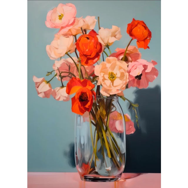 This exquisite 9”x12” art print titled "Vibrant Poppies and Pale Pinks Floral Bouquet" captures the delicate interplay of...
