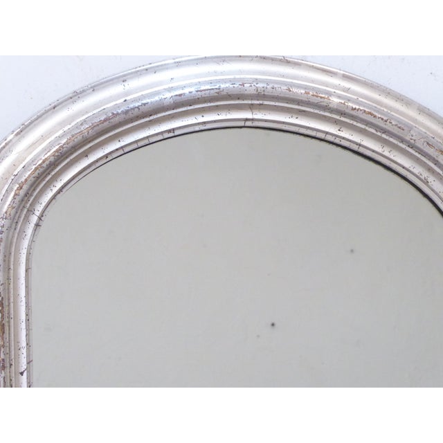 This curved corner mirror with a soft silver finish, measures 35"H x 23" W.