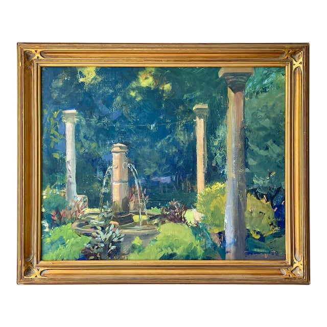 Late 20th Century Modern Impressionist Oil Painting of a Garden in Greens, Framed For Sale