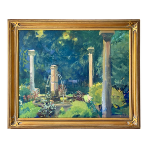 Late 20th Century Modern Impressionist Oil Painting of a Garden in Greens, Framed