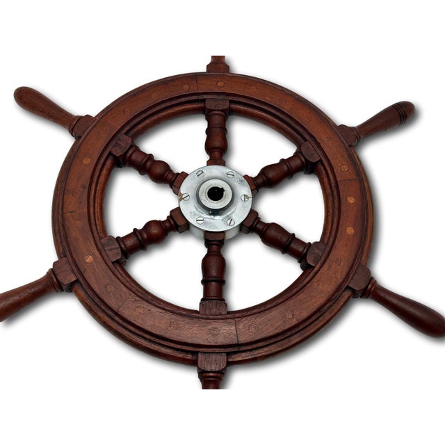 Fine Vintage Hand Made Large 25 Inch Authentic Mahogany & Rhodium Plated Brass Yacht - Ships Wheel - Mid 1900s For Sale - Image 16 of 18