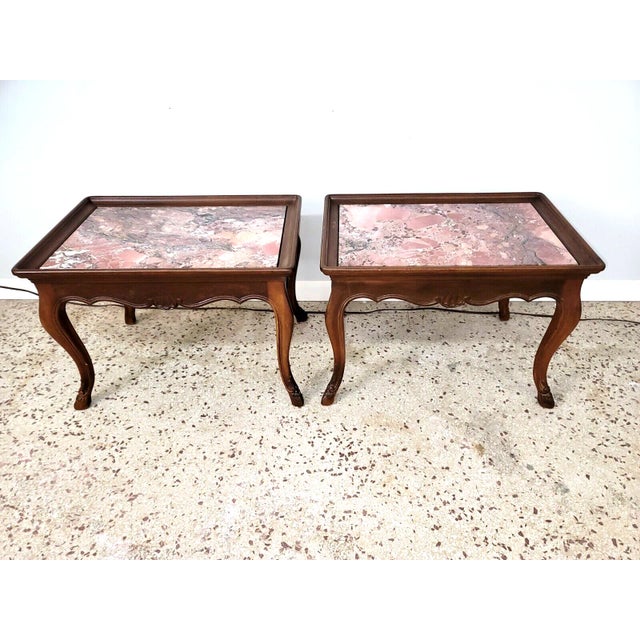 Sweet pair of Marble Topped Louis VI styled Coffee tables with a really nice pair of Pink Variegated Marble. Mid-Century...
