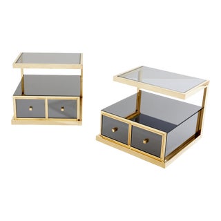 Pair of Michel Pigneres Smoked Mirrored and Brass Side Tables 1970s For Sale
