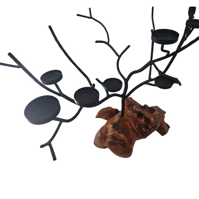 Contemporary 1980s One-of-a-Kind Root Wood & Forged Metal Candelabra Sculpture | Organic Modern Brutalist Statement Decor For Sale - Image 3 of 13