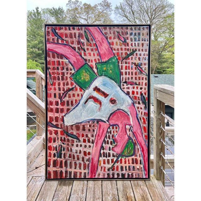 A joyful and vibrant oil on canvas painting from Belgium depicting a figure doing a cartwheel in front of a brick facade....