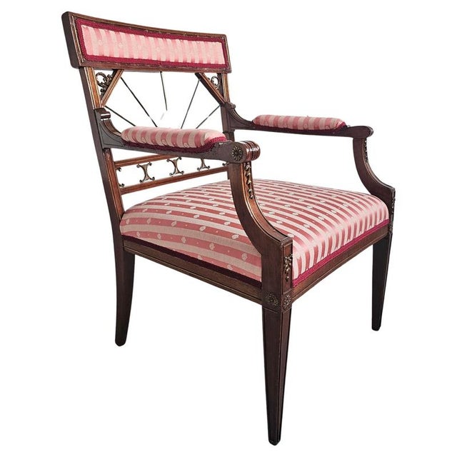 Antique French Empire Mahogany Armchair in Pink Striped Fabric, 1890s For Sale - Image 15 of 15