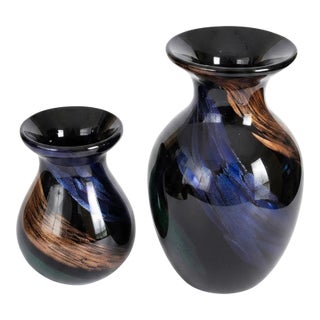 Pair of Fratelli Toso Murano Vintage Italian Black & Gold Aventurine Art Glass Vases For Sale
