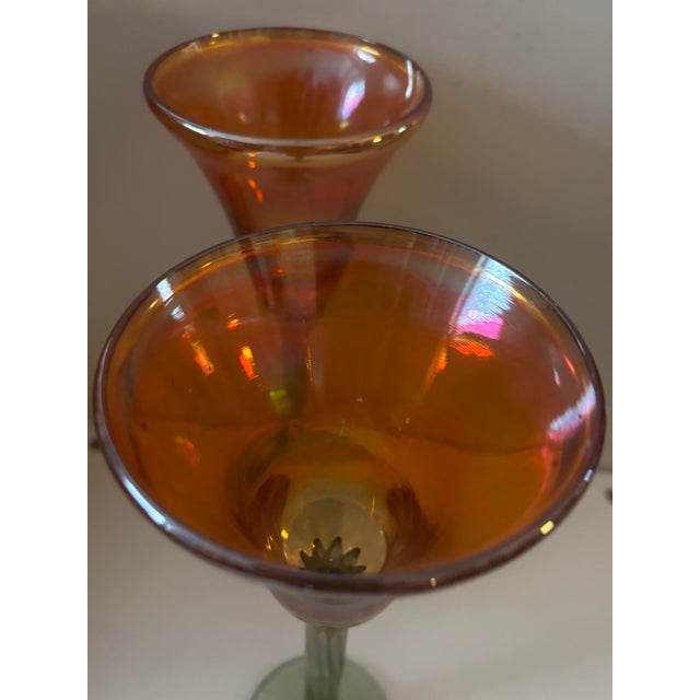 Late 20th Century Rick Strini Iridescent Orange & Green Art Glass Tulip Goblets, Pair For Sale In New York - Image 6 of 7
