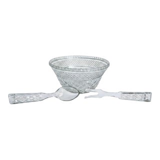 Anchor Hocking Wexford Salad Bowl Serving Set-Clear Glass-Spoon-Fork-Vintage For Sale