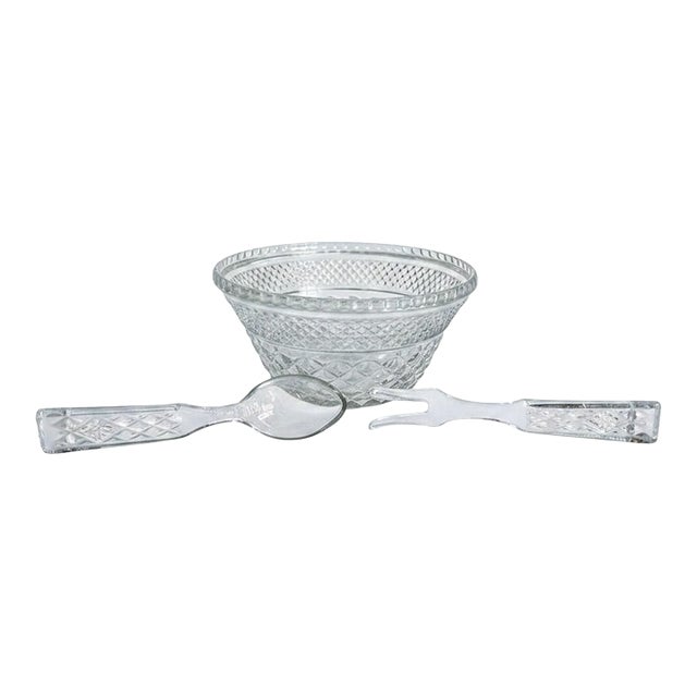 Anchor Hocking Wexford Salad Bowl Serving Set-Clear Glass-Spoon-Fork-Vintage For Sale
