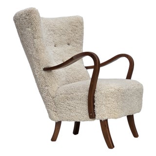 Danish High-Backed Armchair in Sheepskin by Alfred Christensen for Slagelse Møbelværk, 1960s For Sale