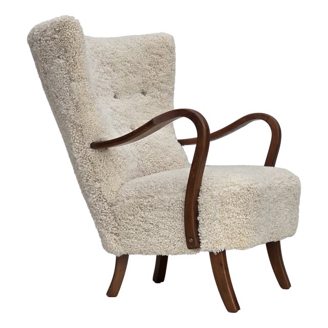 Danish High-Backed Armchair in Sheepskin by Alfred Christensen for Slagelse Møbelværk, 1960s For Sale