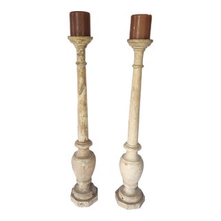 1950s Wood Floor Candle Holders With Candles - a Pair For Sale
