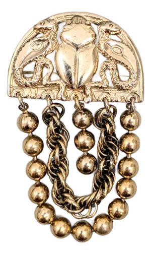 Vintage 1970s Signed Napier Egyptian Revival Goldtone Scarab & Serpents Fringe Brooch