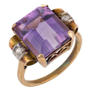 Mid 20th Century Retro 6.30 Carat Amethyst Diamond 18k Rose Gold and Silver Ring, Size 7.5 For Sale