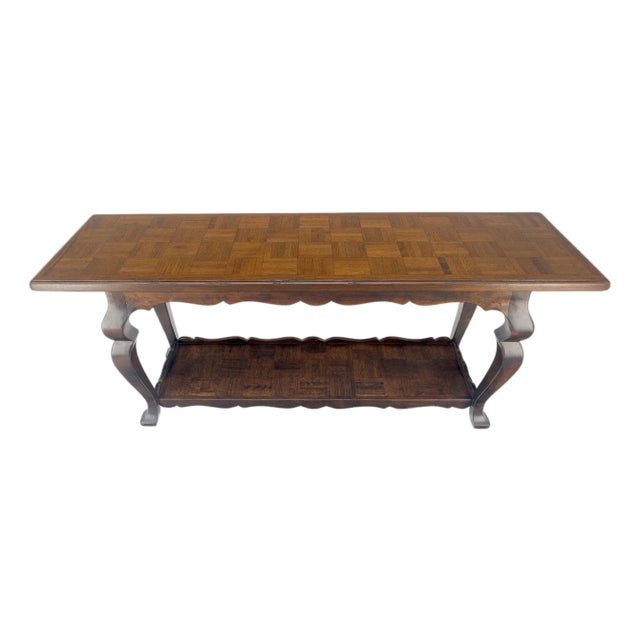 Spanish Colonial Solid Oak Parquetry Top Two Tier Console Library Table For Sale