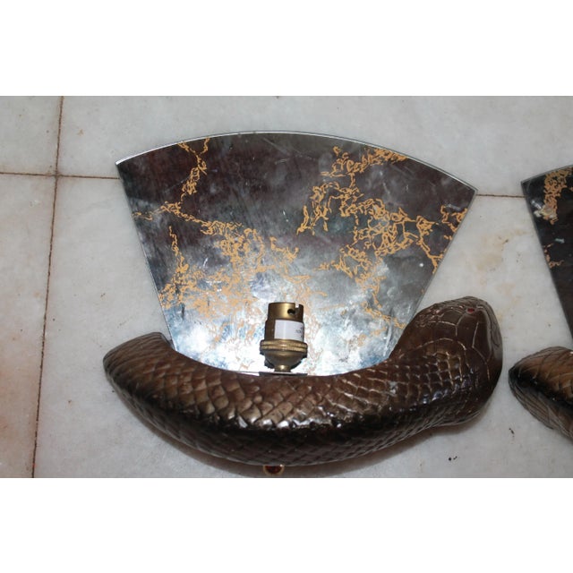 C1960's British Designer Mid Century Modern Bronze "Python" Mirror Back Wall Sconces by Wilson Laidlaw a - Pair For Sale - Image 4 of 13