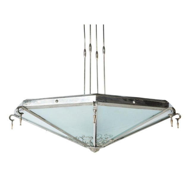 Large Art Deco Ceiling Light in Glass and Metal, France, 1930s For Sale