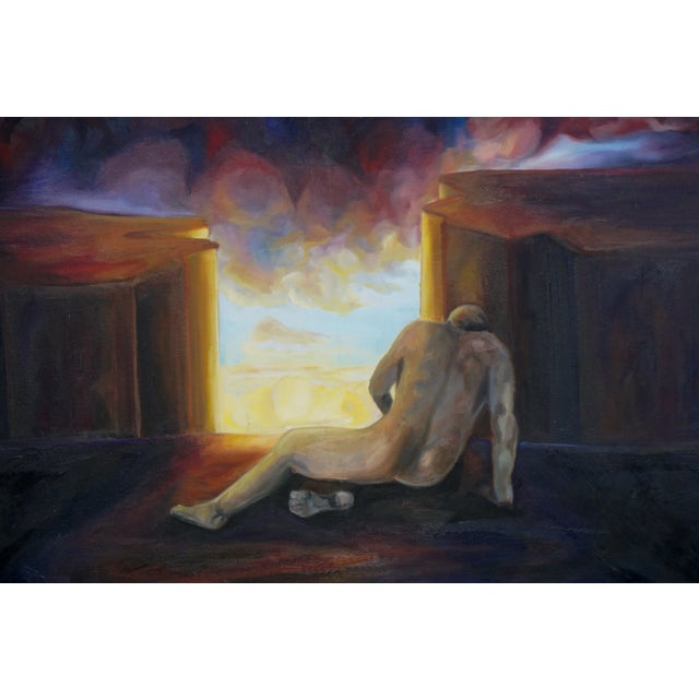 Dynamic figurative abstract of nude figure looking down chasm in the style of Pat Klein (American, b. 1951). Unsigned....